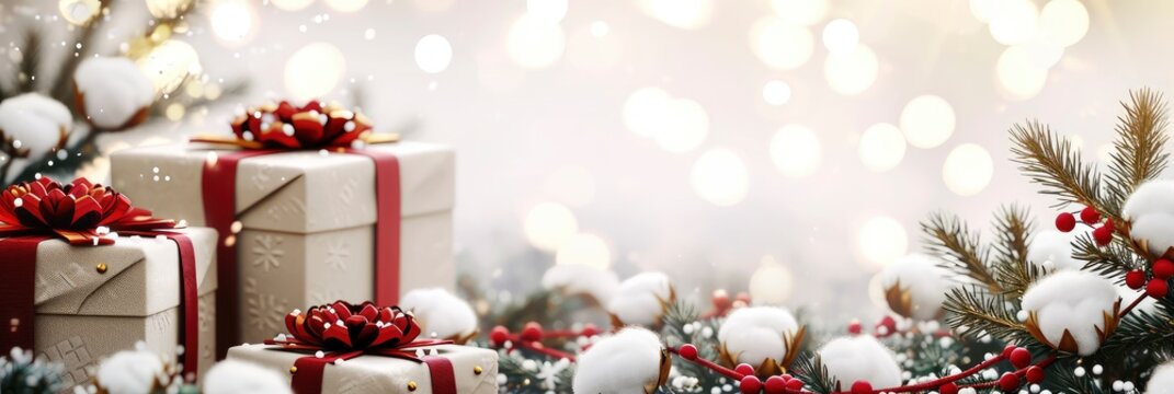  Christmas Gift Boxes Fir Cotton Flowers, Banner Image For Website, Background, Desktop Wallpaper