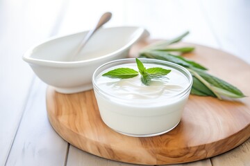 Obraz na płótnie Canvas probiotic yogurt in a bowl with a mint leaf garnish