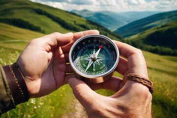 Compass in man's hand in front of summer mountain landscape with green hills and cloudscape , travel adventure and discovery consept
