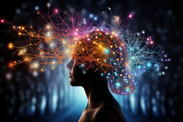 Brain, tapestry of polychromatic neurons, artistic conceptual visual mapping. Luminous thought sparkle, creating opalescent brilliance of whimsical creativity. Ingenious ideas, vibrant mind Carnival 