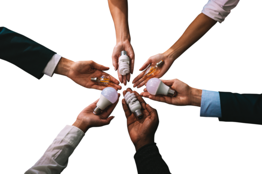 Teamwork and brainstorming concept with  businessmen that share an idea with a lamp