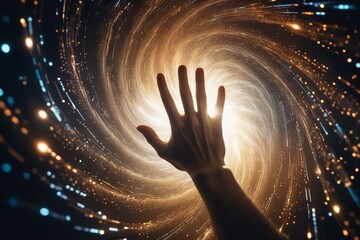 Hand reaching inside spinning vortex of light particles in big data and artificial intelligence concept - obrazy, fototapety, plakaty