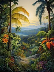 Tropical Jungle Wildlife: Vibrant Island Artwork Featuring a Beach Scene