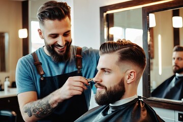 a handsome model man with a beard in the hairdresser barbershop salon gets a new haircut trim and style it. sitting on the chair and talks to the hairstylist barber. guy smiling - obrazy, fototapety, plakaty