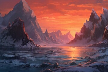 panoramic sunset over icy mountains in sea. Generative AI