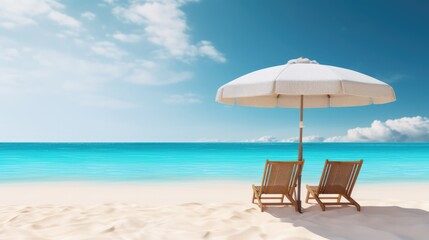 Serenity at tropical beach with sun loungers and parasol. Summer vacation and travel.