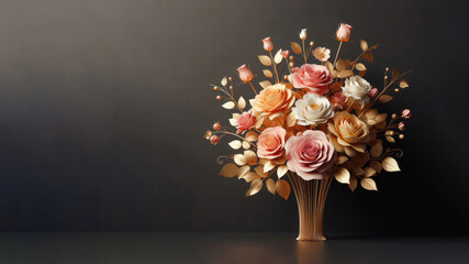 a bouquet of peach n white rose, gold vase on a black wall ai generated
