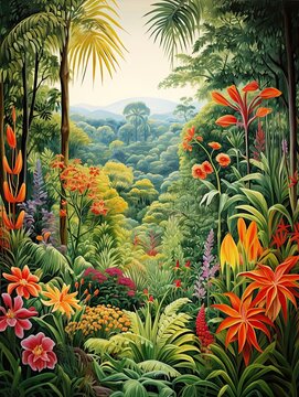 Tropical Jungle Wildlife: A Vibrant Country Landscape Painting Evoking Garden Scene Art
