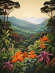 Jungle Serenity: Tropical Wildlife on a Plateau Art Print amid Rolling Hills
