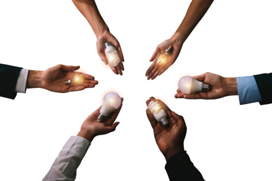 Teamwork and brainstorming concept with  businessmen that share an idea with a lamp - Powered by Adobe