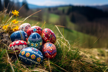 Easter eggs lie in the grass in the sun. colorful Easter eggs in the grass. easter background