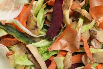 Peels of fresh vegetables as background, flat lay