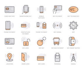 NFC line icon set. Near Field Communication technology, contactless payment, card with chip minimal vector illustration. Simple outline signs for smartphone pay. Orange Color. Editable Strokes
