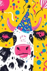 Cute cow in a party mood with a birthday hat.