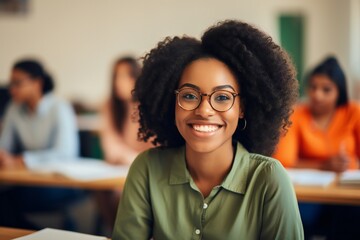 Happy black female university student attending lecture in classroom and looking at camera
