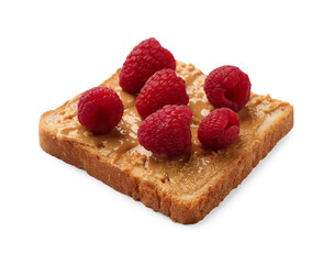 Delicious toast with peanut butter and raspberries isolated on white