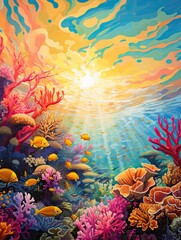Vibrant Coral Reefs: Golden Hour Sunlit Oceanscape Image