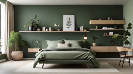 Small minimalist bedroom arrangement with a bed, a desk, a bookcase and a green wall