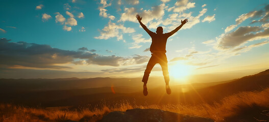 Happy man with arms up jumping on the top of the mountain -Successful Young Male Man celebrating success on the cliff, Sunset or Sunrise