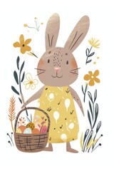 Vibrant and cheerful, this card highlights a cute bunny surrounded by eggs and flowers. - 716439703