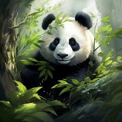 Green background nice panda painting images 