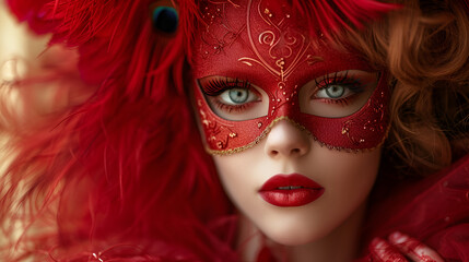 The beautiful young woman in a red mysterious Venetian mask, generative ai