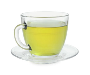 Fresh green tea in glass cup and saucer isolated on white