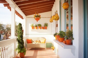 sunlit spanishstyle veranda with hanging terracotta ornaments - obrazy, fototapety, plakaty
