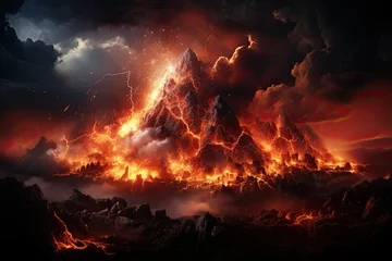 Poster large volcanic eruption with a large release of smoke and ash close-up, natural disaster, Generative AI © Анатолий Савицкий