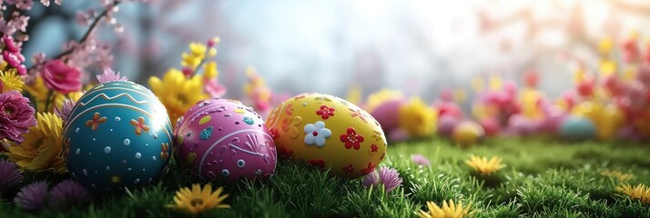 Fototapeta na wymiar Easter Holiday Concept Eggs Flowers Bunny, Banner Image For Website, Background, Desktop Wallpaper