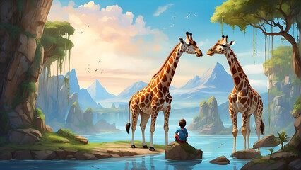 Portray giraffes in a fantasy setting, adding a touch of imagination and creativity to captivate young minds.