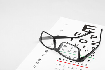 Glasses and vision test chart isolated on white
