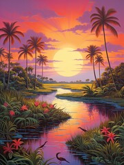 Vibrant Marshland Hues: A Tropical Beach Art with Stunning Marshes and Tropical Backdrops