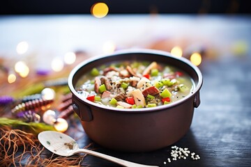 a festive bowl of gumbo with mardi gras beads around