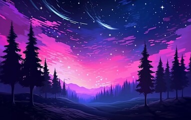 Starry night Very beautiful shooting stars over the forest horizon Cartoon landscape illustration

