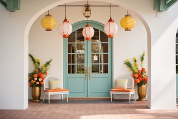 arched doorway with hanging lanterns