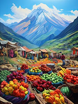 Vibrant South American Markets: Valley Landscape and Mountain Market HD Image