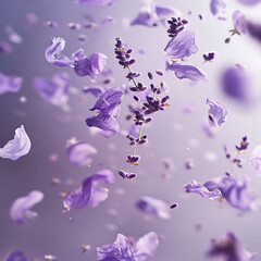 A cascade of lavender petals gently falling against a muted lilac background, evoking a sense of gentle romance.