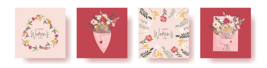 Fotobehang Set of 4 square greeting cards for international women's day with calligraphic hand written phrase. Women with flowers. Eight march. Hand drawn flat vector illustration © Tasha