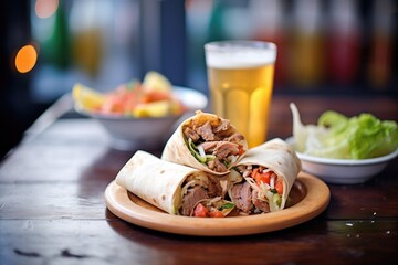 shawarma wraps in foil on a rustic table with cold drinks aside