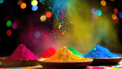 Colored powders thrown into the air over bowls