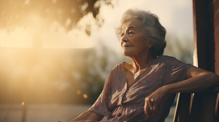 A lonely elderly woman sitting in the park with blurred background - obrazy, fototapety, plakaty