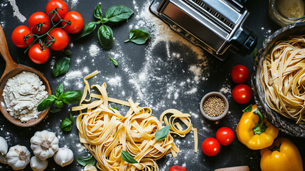 Obraz na płótnie Canvas Homemade pasta maker and ingredients on dark grey marble