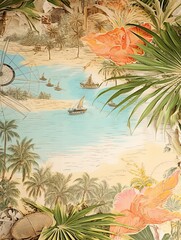 Fototapeta na wymiar Vintage Nautical Maps Tropical Beach Art: Coastal Sand Scene with Nautical Beaches