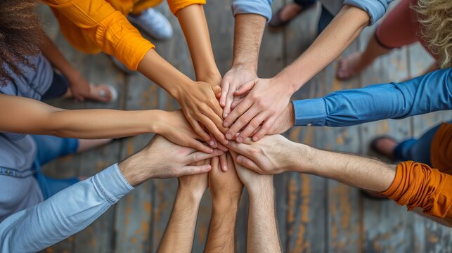 Teamwork and Friendship A powerful stacked hands symbolizing unity, motivation, and encouragement within a diverse team, highlighting the strength that comes from collaborative efforts and diversity