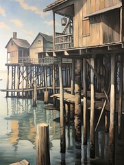 Vintage Seaside Piers Country Landscape Painting: Pier Village Scenery