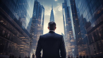 Fototapeta na wymiar back view of businessman standing in front of a tall skyscraper building in a city