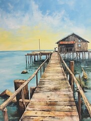 Seaside Piers: Vintage Handmade Landscape Painting - Pier Craft, Original Dock Art