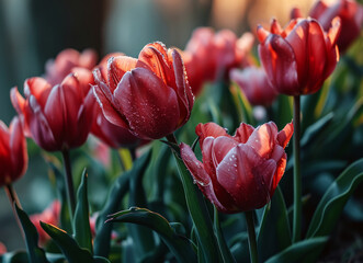 Bouquet of pink and white tulips on the table.