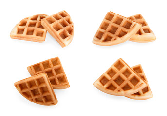 Tasty Belgian waffles isolated on white, collection